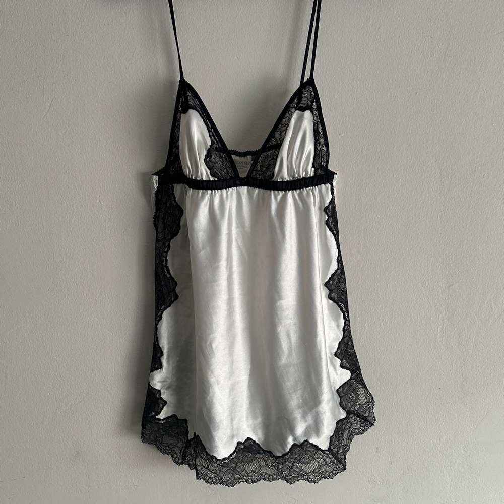 Victoria's Secret Vintage Black Lace and White Satin Baby Doll Slip